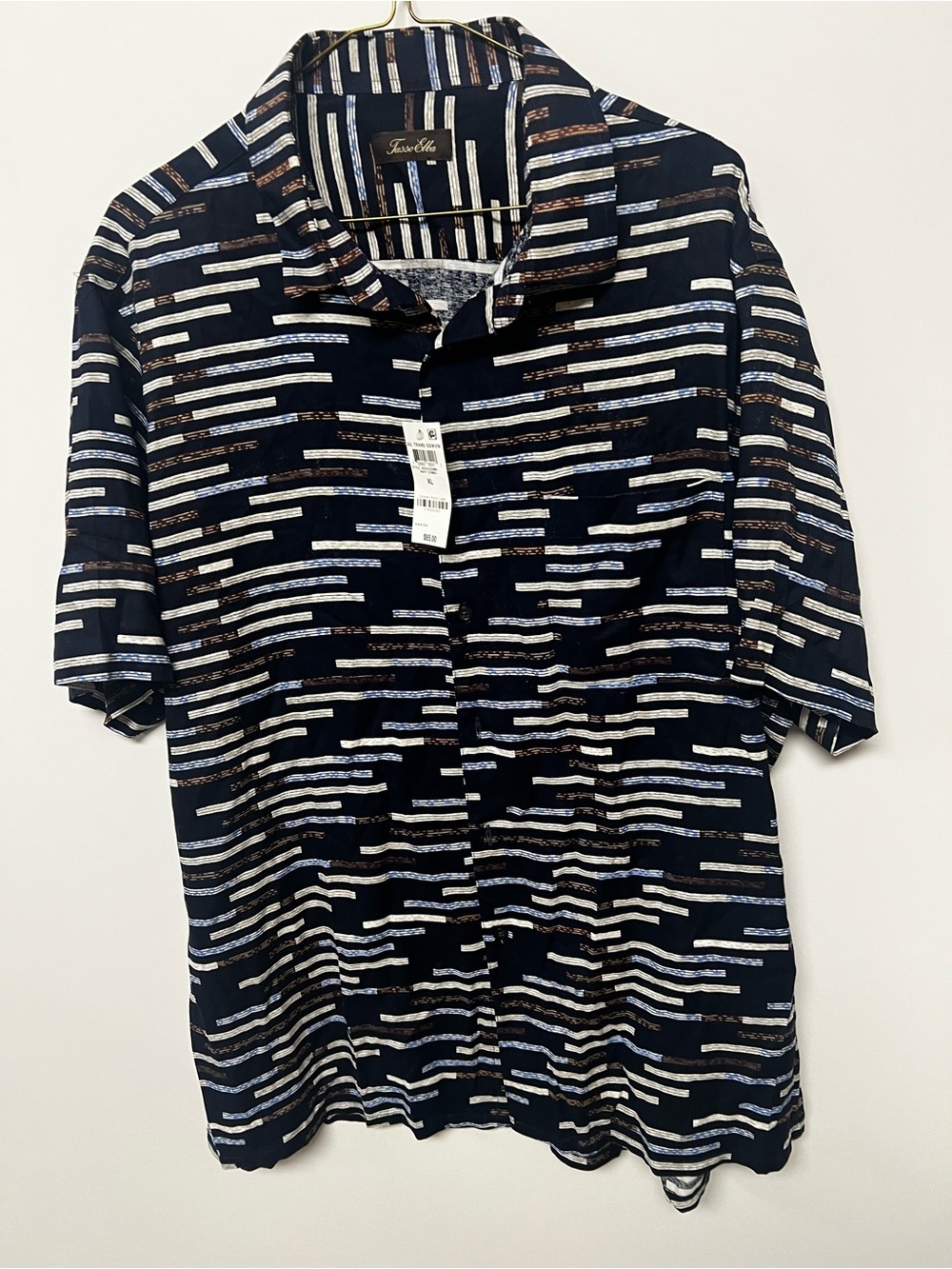 TASSO ELBA MENโS BUTTON-UP SHORT SLEEVE SHIRT NAVY W/CREAM ,BLUE & BROWN SIZE XL